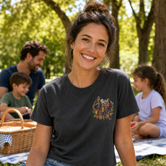 Front worn view of custom family portrait embroidered T-shirt