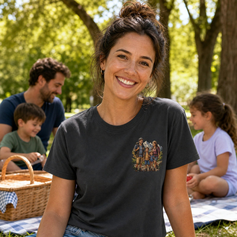 Front worn view of custom family portrait embroidered T-shirt