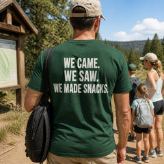 Back worn view of family T-shirt with WE CAME WE SAW WE MADE SNACKS print