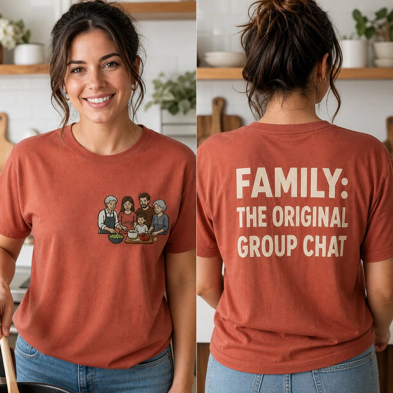 Custom family dinner embroidered T-shirt cover showing front embroidery and back printed phrase