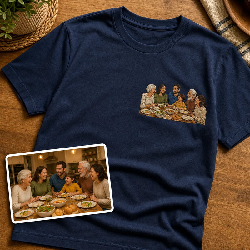 Source family dinner photo and matching family embroidery on T-shirt