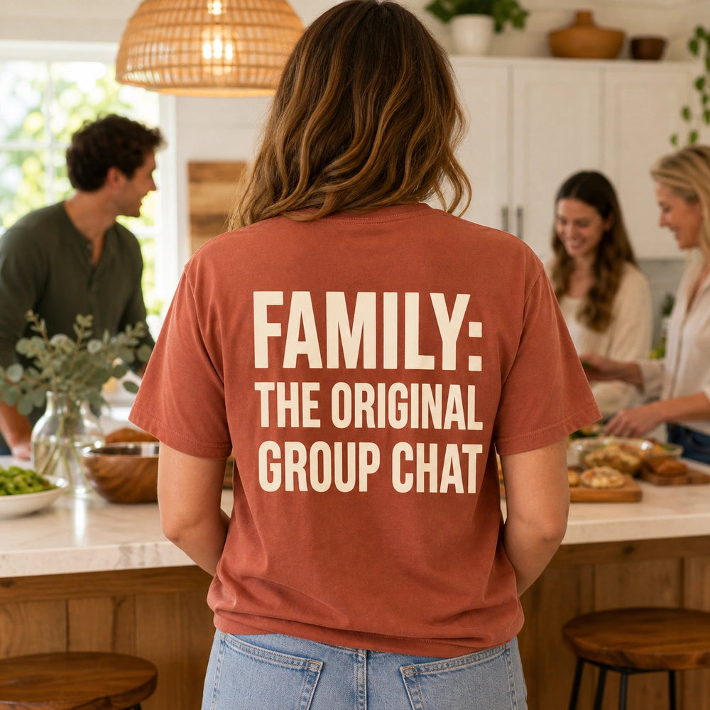Back worn view of family T-shirt with FAMILY THE ORIGINAL GROUP CHAT print