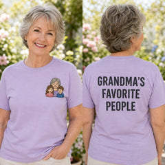 Custom grandparents family photo embroidered T-shirt cover showing front embroidery and back printed phrase