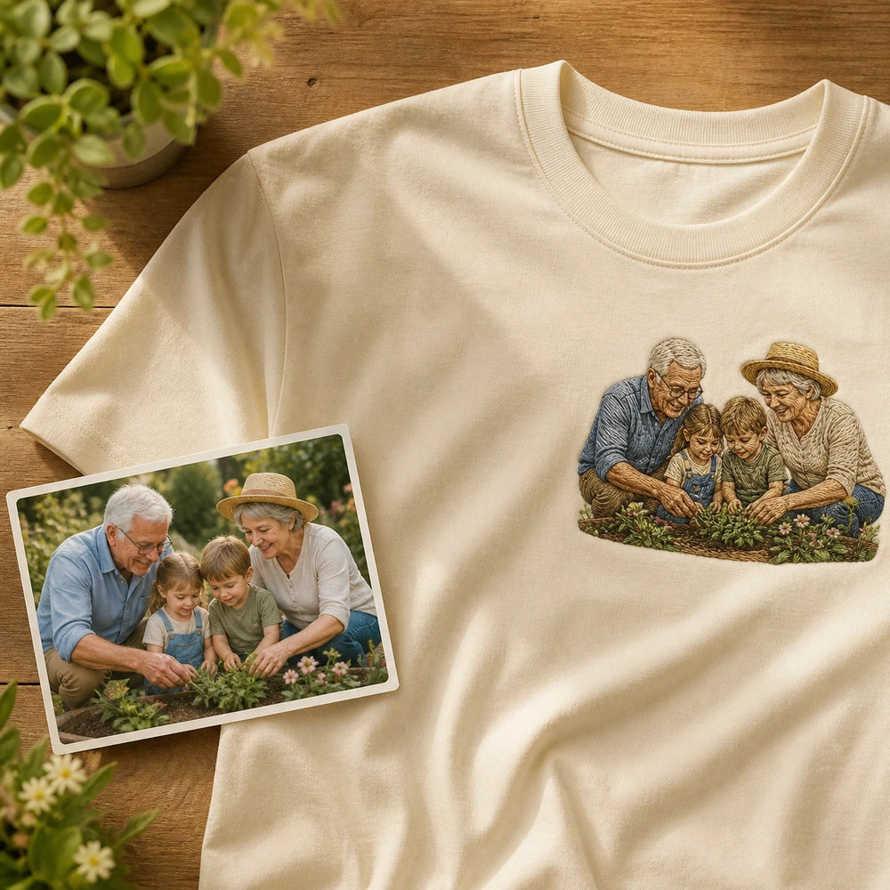 Source grandparents garden photo and matching custom embroidery on T-shirt