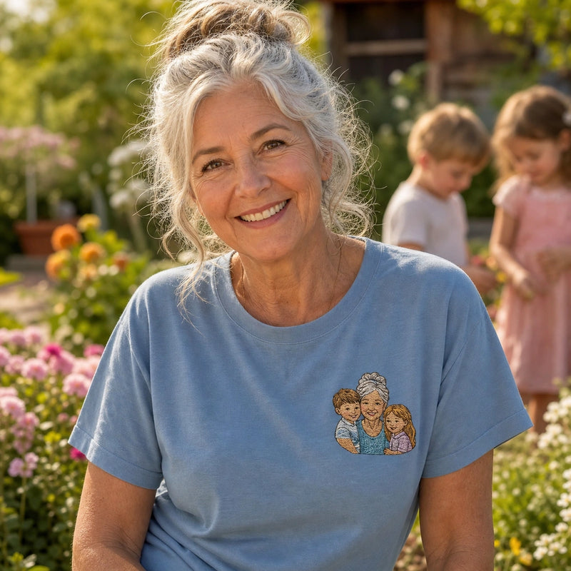 Front worn view of custom grandparents portrait embroidered T-shirt