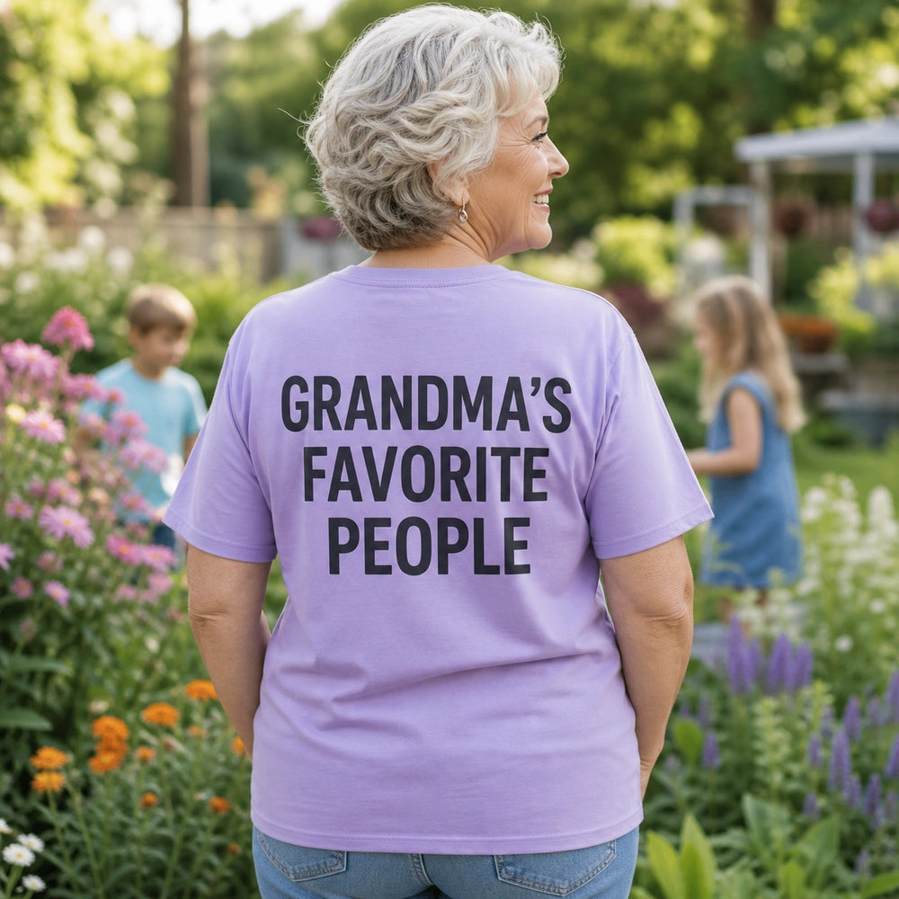 Back worn view of Grandma T-shirt with GRANDMAS FAVORITE PEOPLE print