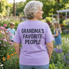 Back worn view of Grandma T-shirt with GRANDMAS FAVORITE PEOPLE print