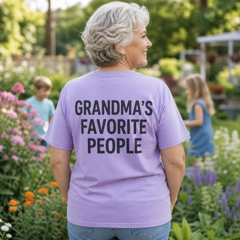 Back worn view of Grandma T-shirt with GRANDMAS FAVORITE PEOPLE print