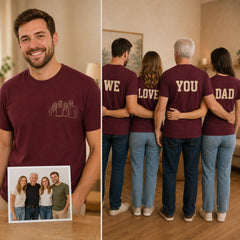 Custom Family Birthday Crew Embroidered T-Shirt with Back Message - Dad Birthday Gift front and back product overview image showing embroidery and custom printed phrase with custom left chest embroidery based on clear warm family photo with Dad and three to five family members