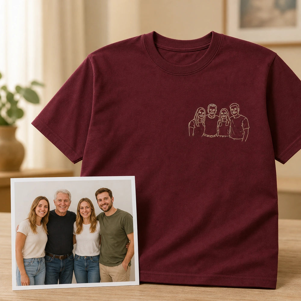 Custom Family Birthday Crew Embroidered T-Shirt with Back Message - Dad Birthday Gift source photo and front embroidery product image with custom left chest embroidery based on clear warm family photo with Dad and three to five family members