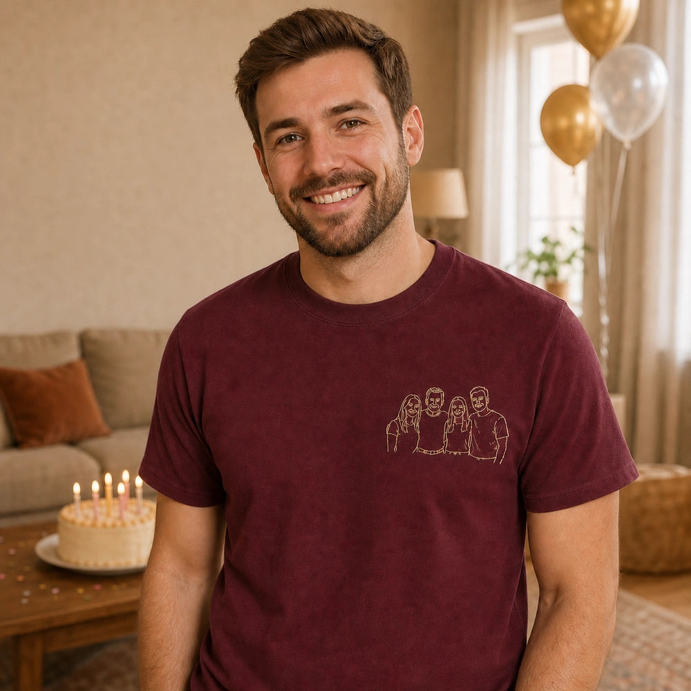 Custom Family Birthday Crew Embroidered T-Shirt with Back Message - Dad Birthday Gift front worn product image with left chest embroidery with custom left chest embroidery based on clear warm family photo with Dad and three to five family members