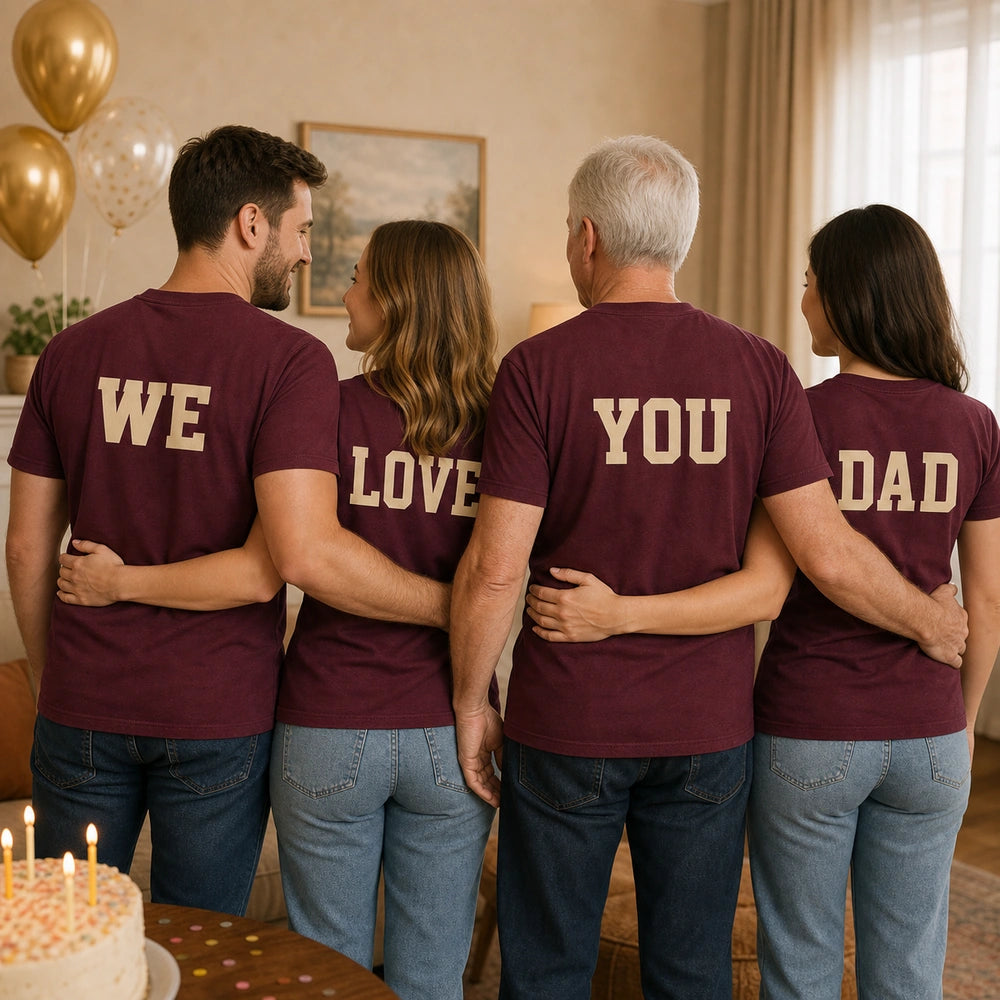 Custom Family Birthday Crew Embroidered T-Shirt with Back Message - Dad Birthday Gift back worn product image with custom printed phrase with custom left chest embroidery based on clear warm family photo with Dad and three to five family members