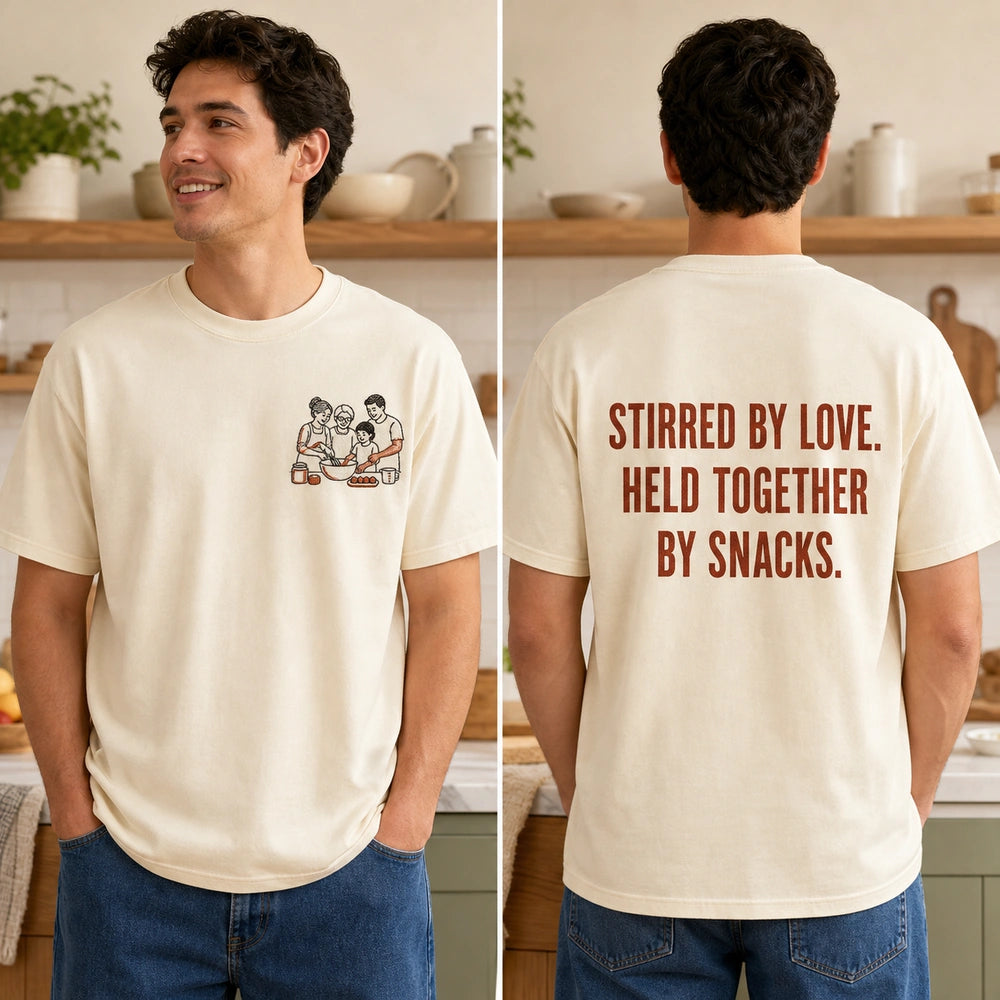 Custom Family Recipe Photo Embroidered T-Shirt with Back Print - Family Gift front and back product overview showing left chest embroidery and custom printed phrase