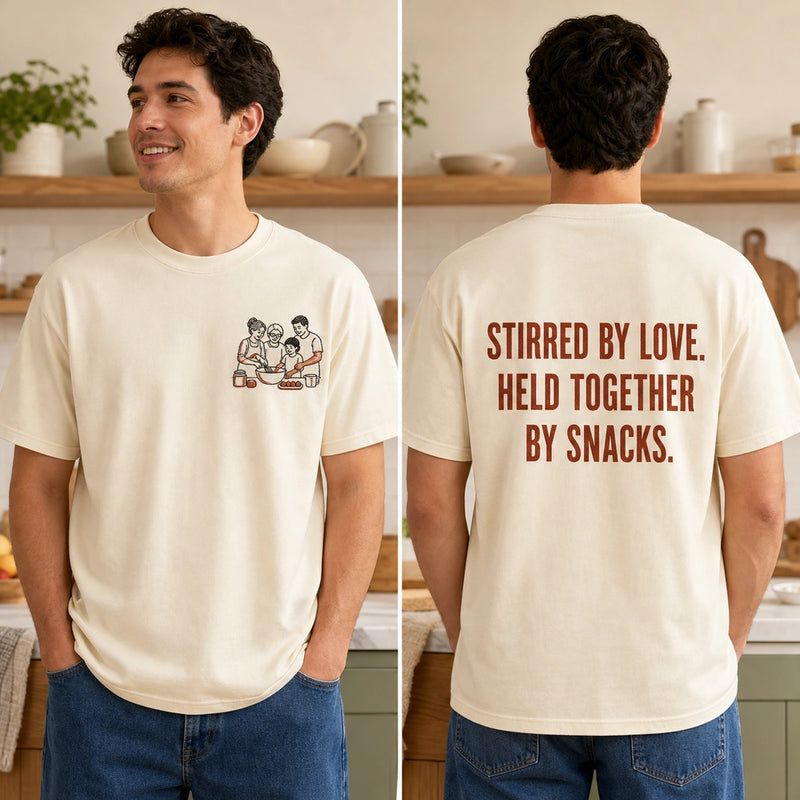 Custom Family Recipe Photo Embroidered T-Shirt with Back Print - Family Gift front and back product overview showing left chest embroidery and custom printed phrase