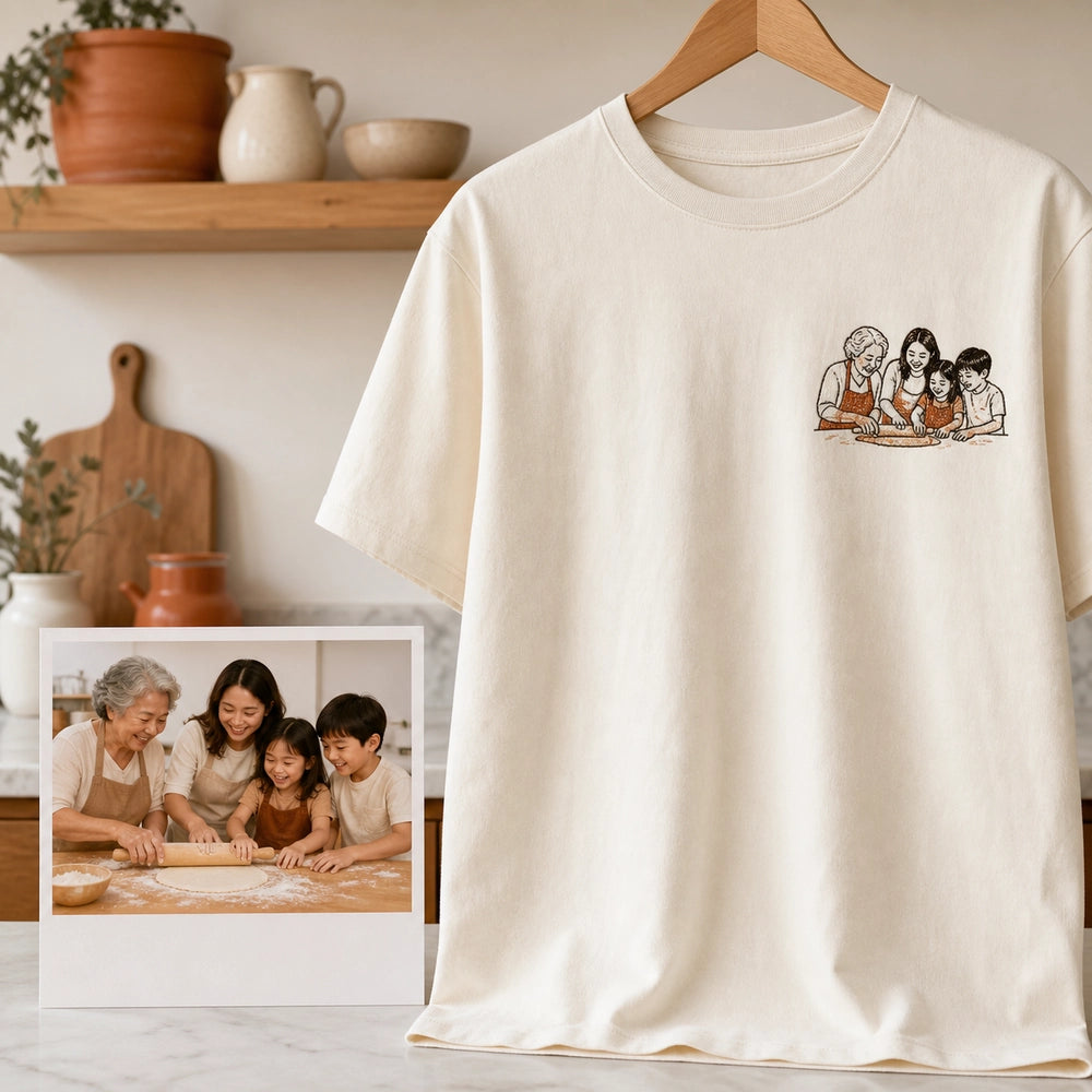 Custom Family Recipe Photo Embroidered T-Shirt with Back Print - Family Gift source photo and front embroidery product image