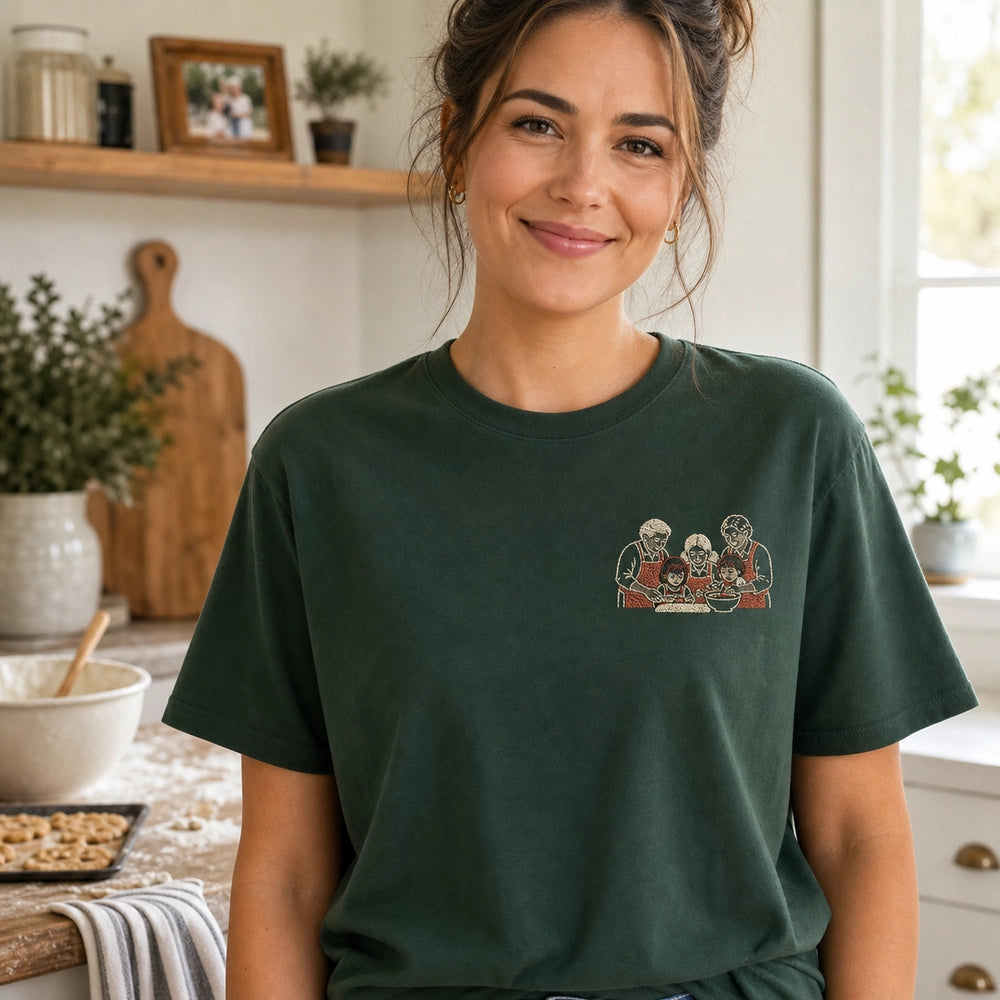 Custom Family Recipe Photo Embroidered T-Shirt with Back Print - Family Gift front worn view showing custom left chest embroidery