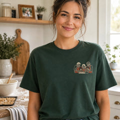 Custom Family Recipe Photo Embroidered T-Shirt with Back Print - Family Gift front worn view showing custom left chest embroidery