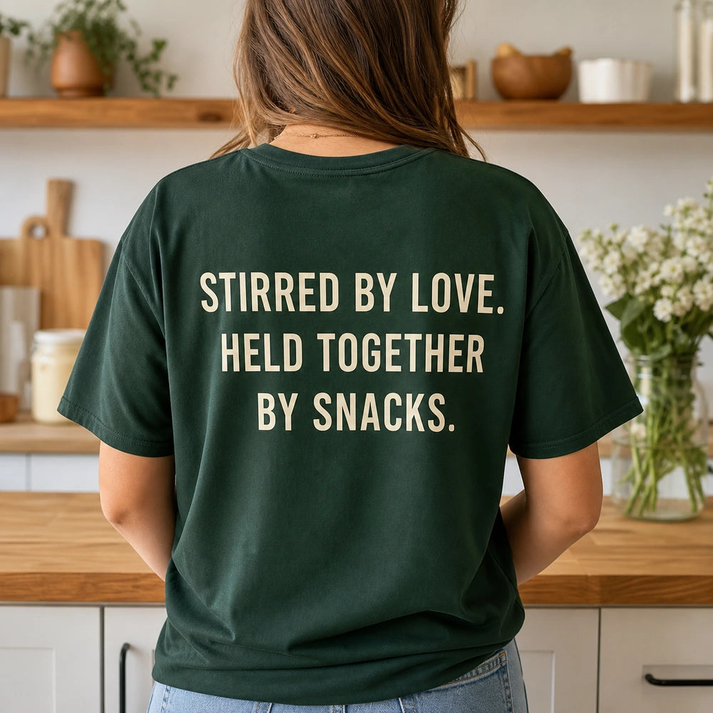 Custom Family Recipe Photo Embroidered T-Shirt with Back Print - Family Gift back worn view showing the custom printed phrase
