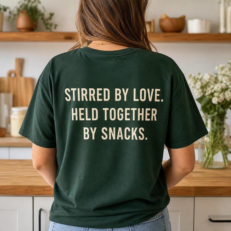 Custom Family Recipe Photo Embroidered T-Shirt with Back Print - Family Gift back worn view showing the custom printed phrase