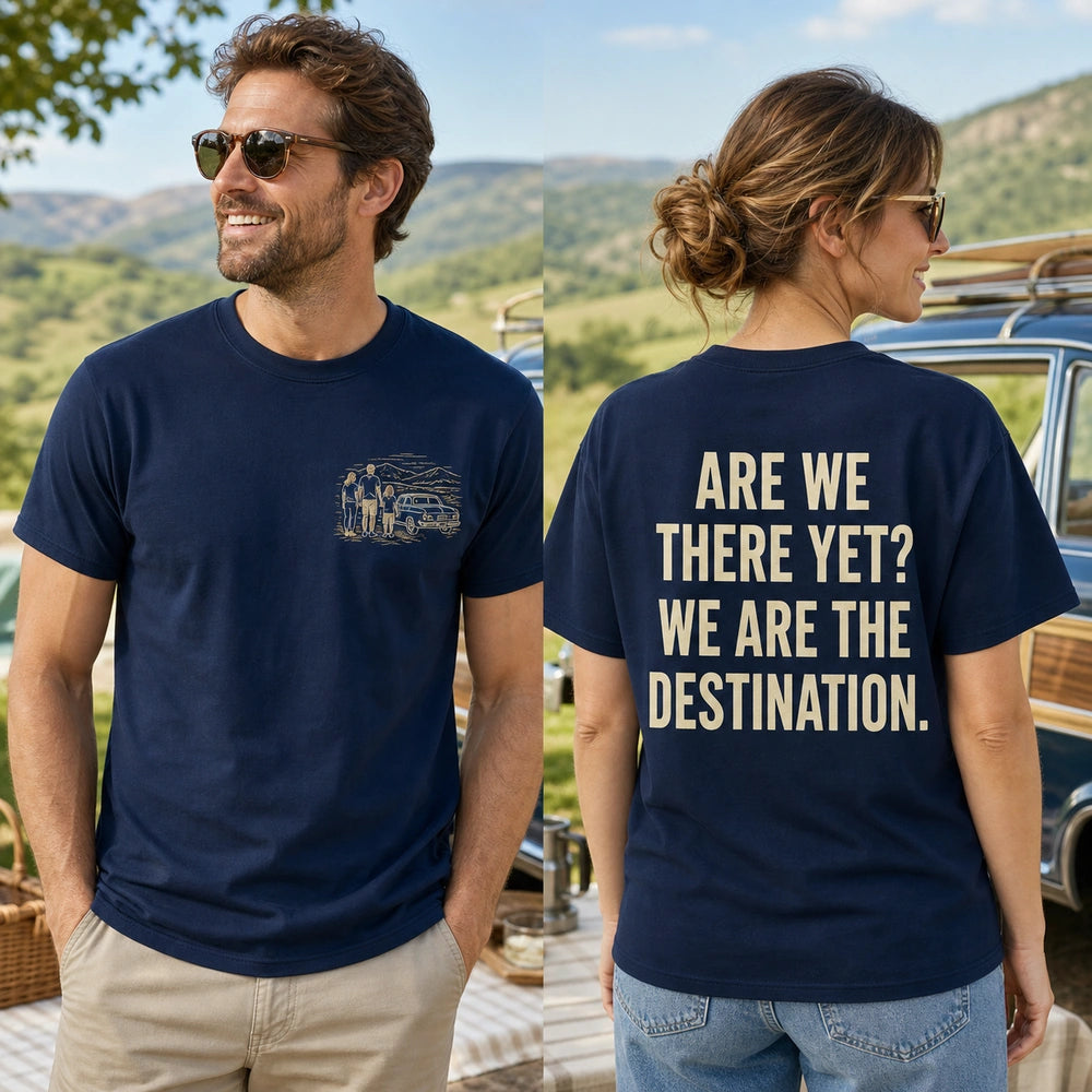 Custom Family Road Trip Embroidered T-Shirt with Back Print - Reunion Gift front and back product overview showing left chest embroidery and custom printed phrase