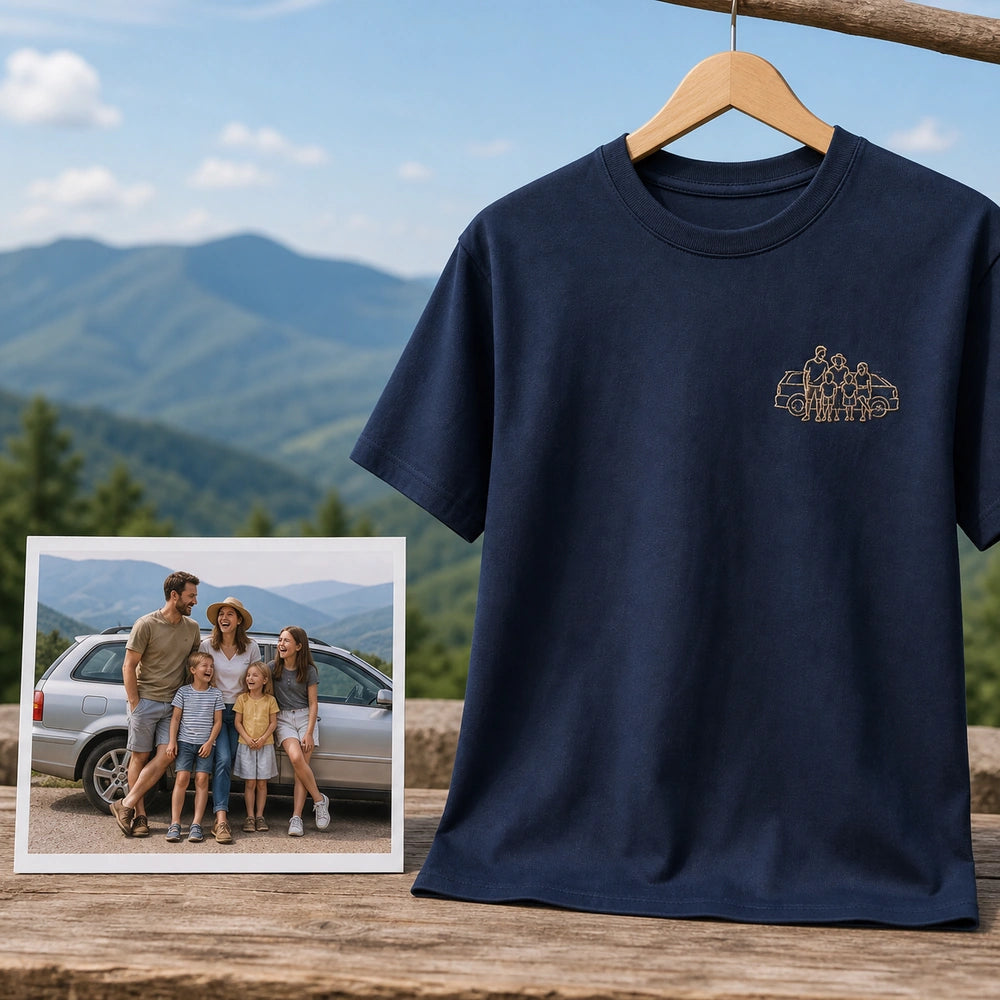 Custom Family Road Trip Embroidered T-Shirt with Back Print - Reunion Gift source photo and front embroidery product image