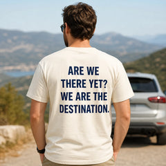 Custom Family Road Trip Embroidered T-Shirt with Back Print - Reunion Gift back worn view showing the custom printed phrase