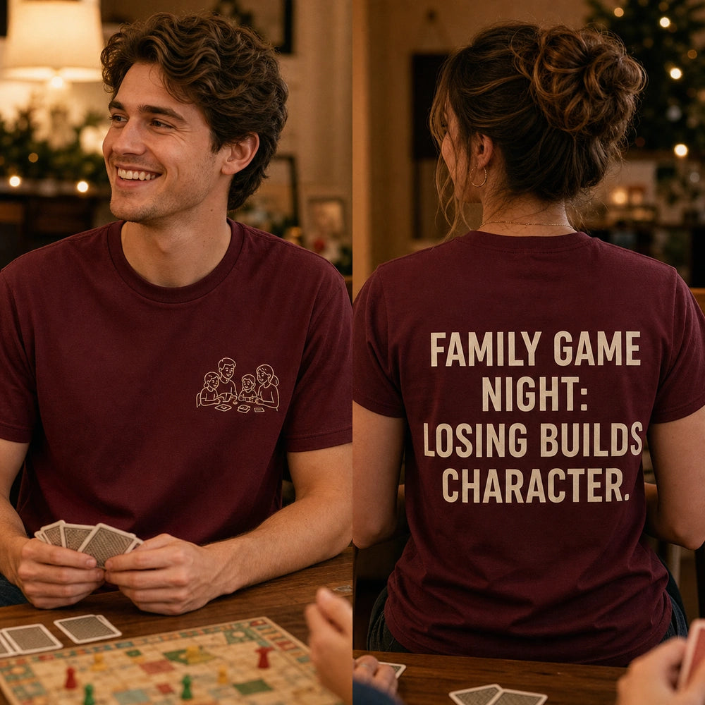 Custom Family Game Night Embroidered T-Shirt with Back Print - Family Gift front and back product overview showing left chest embroidery and custom printed phrase