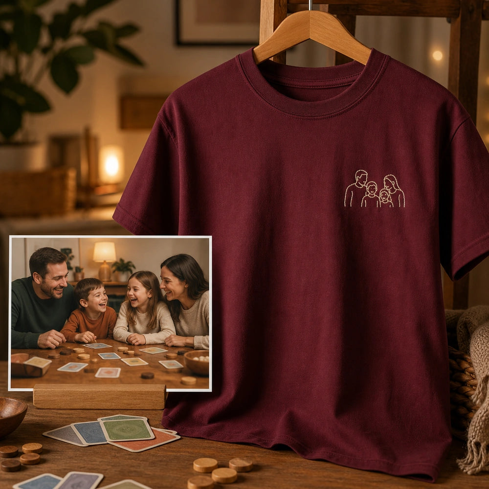 Custom Family Game Night Embroidered T-Shirt with Back Print - Family Gift source photo and front embroidery product image