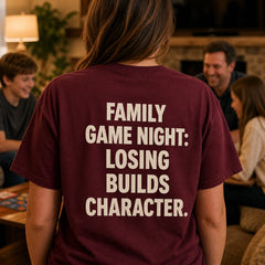 Custom Family Game Night Embroidered T-Shirt with Back Print - Family Gift back worn view showing the custom printed phrase