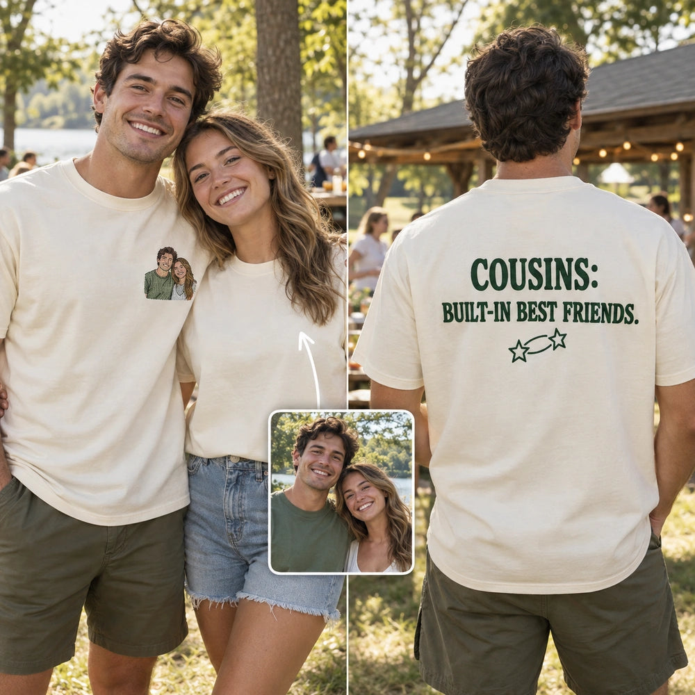 Custom Cousin Photo Embroidered T-Shirt front and back overview