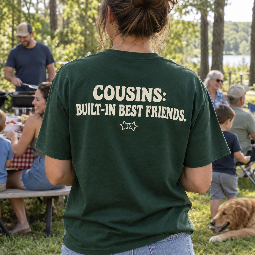 Custom Cousin Photo Embroidered T-Shirt back print view