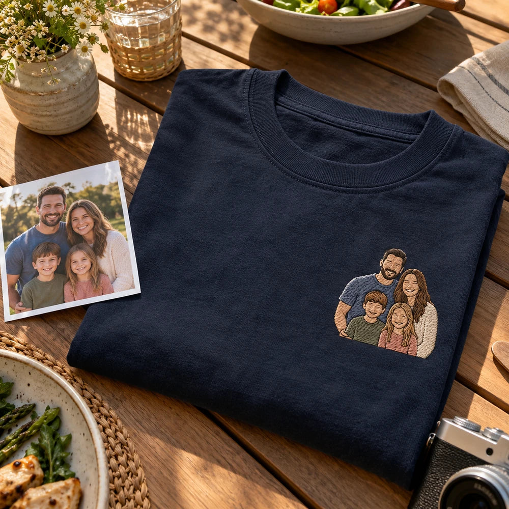 Custom Family Photo Embroidered T-Shirt source photo and front embroidery