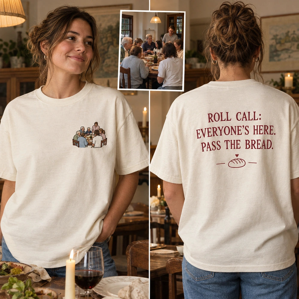 Custom Family Dinner Photo Embroidered T-Shirt front and back overview