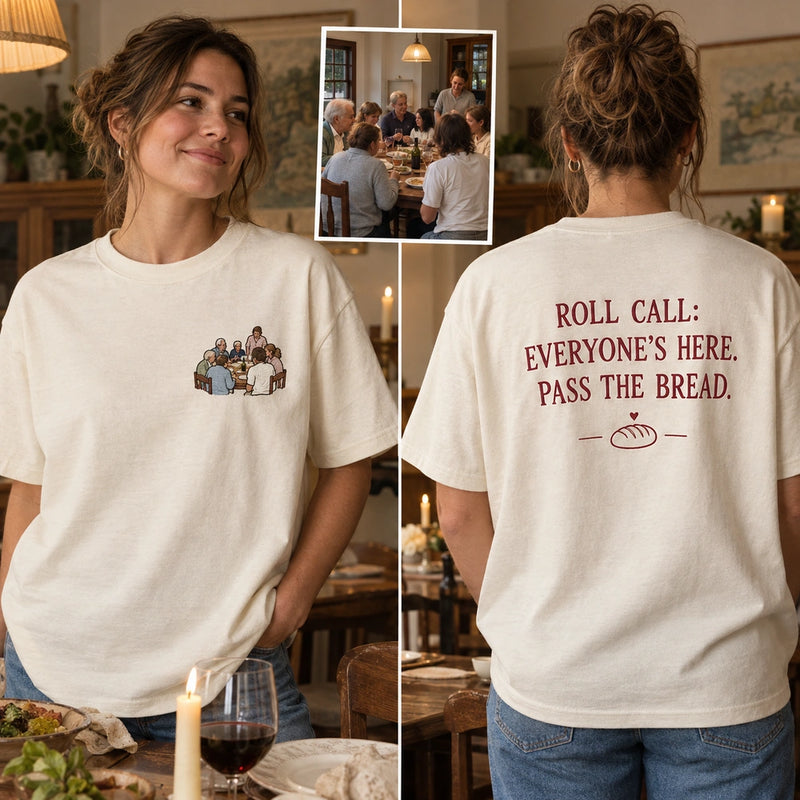 Custom Family Dinner Photo Embroidered T-Shirt front and back overview