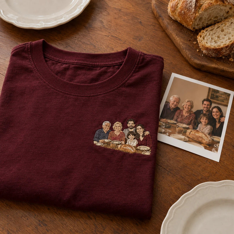 Custom Family Dinner Photo Embroidered T-Shirt source photo and front embroidery