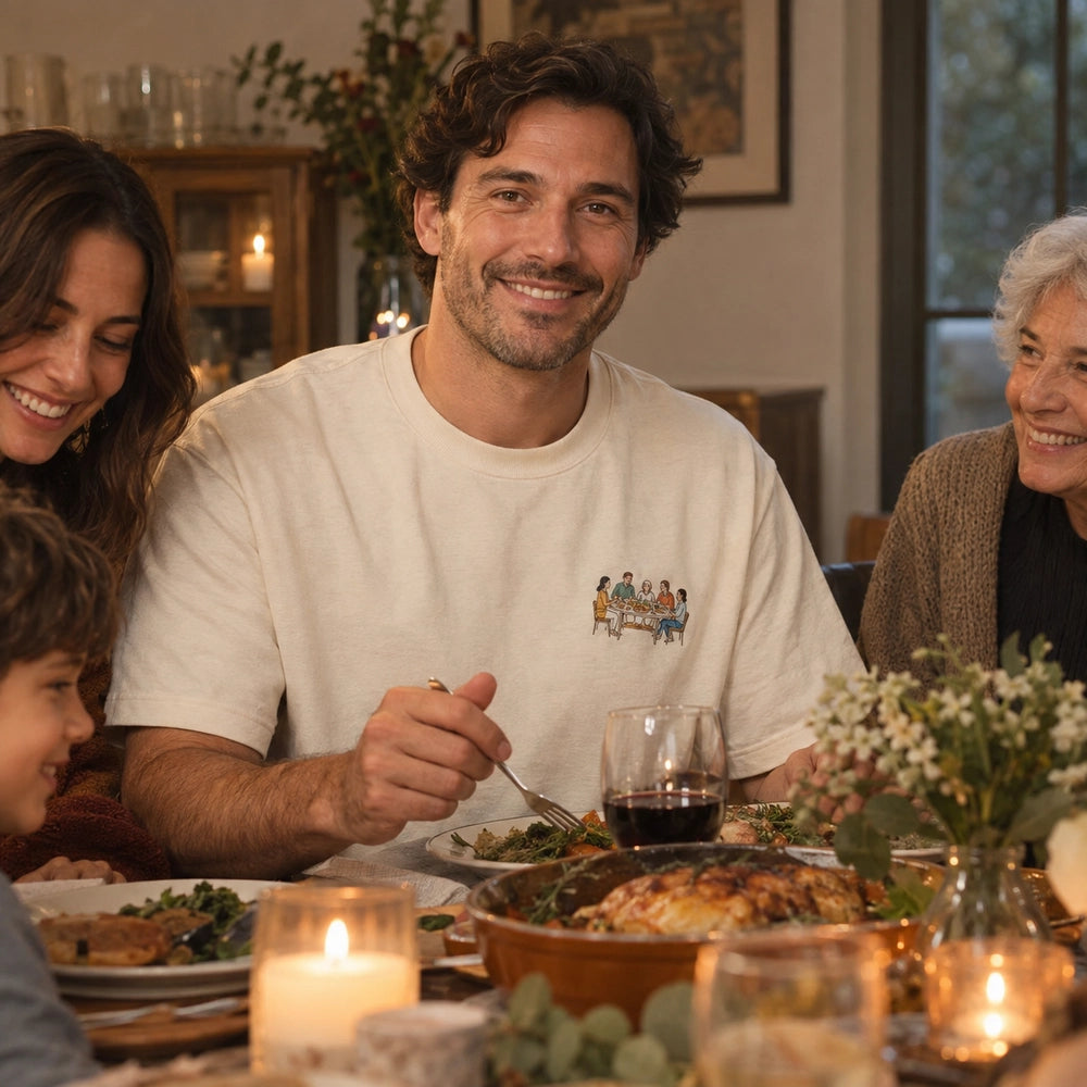 Custom Family Dinner Photo Embroidered T-Shirt front worn view
