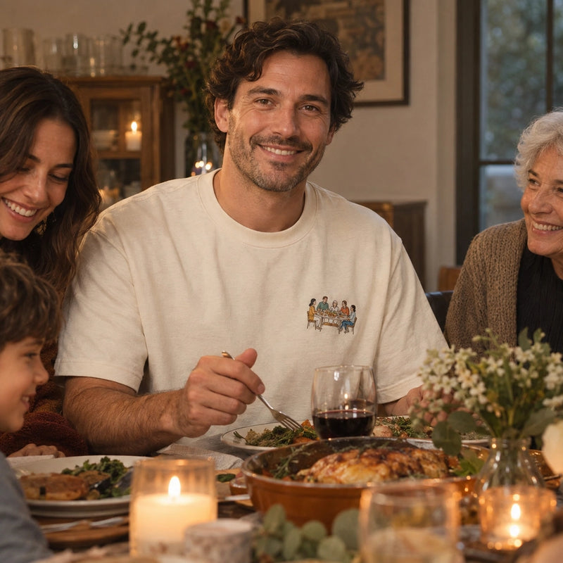 Custom Family Dinner Photo Embroidered T-Shirt front worn view