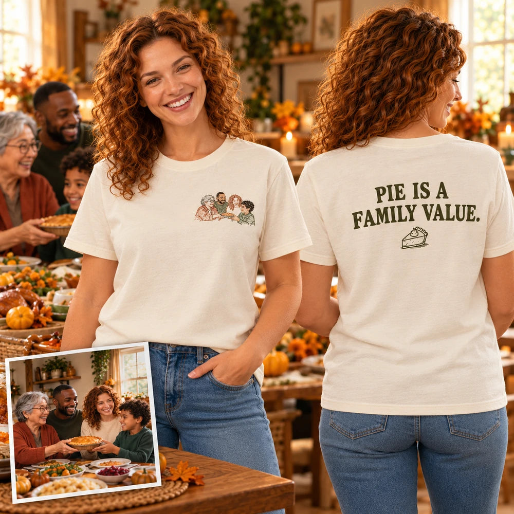 Custom Thanksgiving Pie Family Outline Embroidered T-Shirt with Back Print - Holiday Gift front and back product overview image showing embroidery and custom printed phrase with custom left chest embroidery based on three-generation family passing a homemade pie
