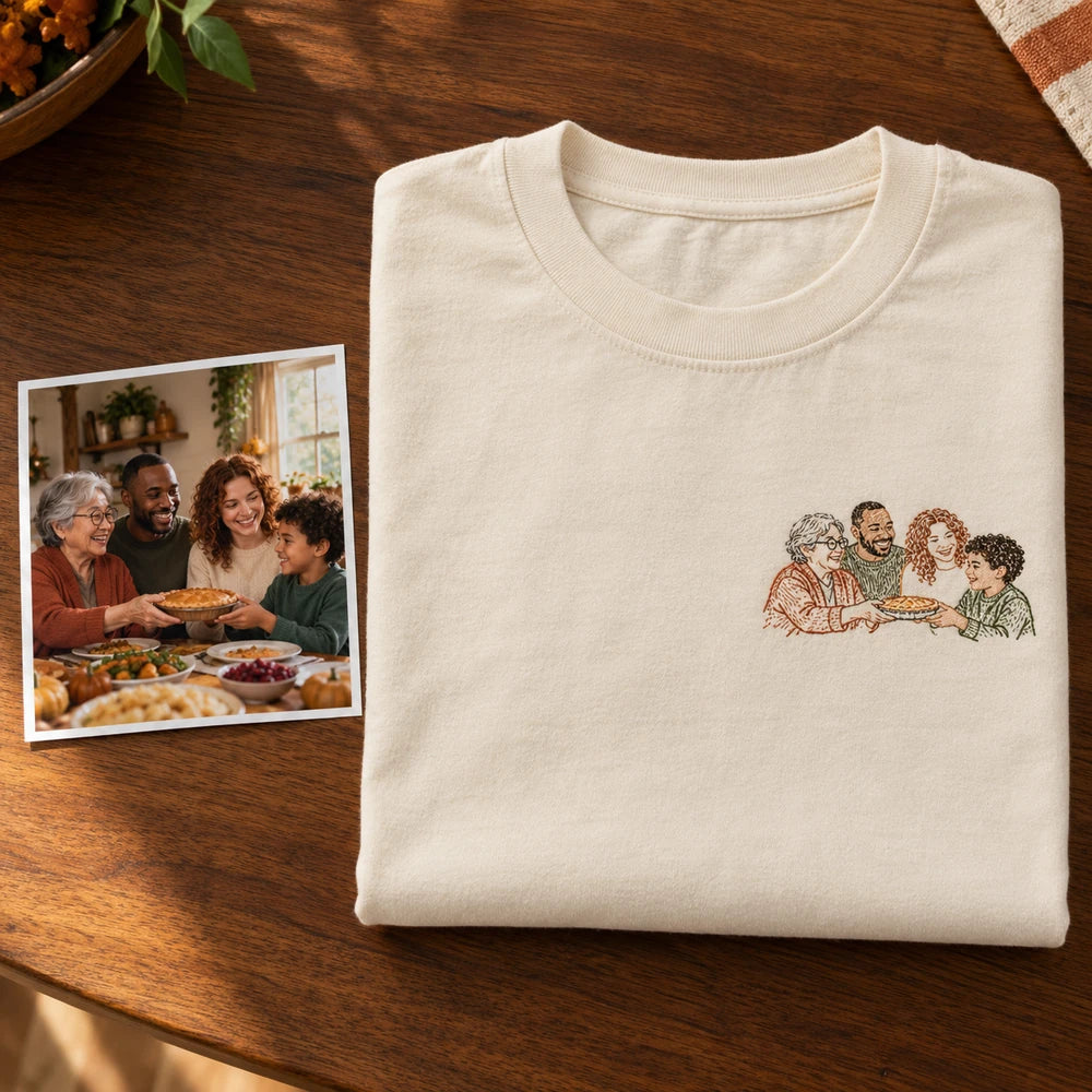 Custom Thanksgiving Pie Family Outline Embroidered T-Shirt with Back Print - Holiday Gift source photo and front embroidery product image with custom left chest embroidery based on three-generation family passing a homemade pie