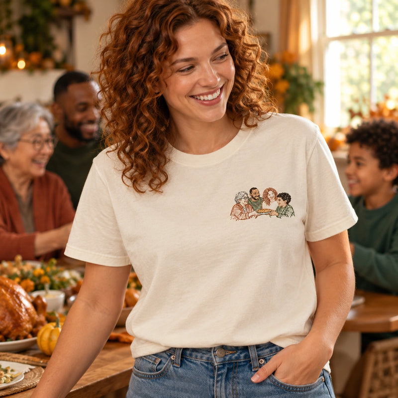 Custom Thanksgiving Pie Family Outline Embroidered T-Shirt with Back Print - Holiday Gift front worn product image with left chest embroidery with custom left chest embroidery based on three-generation family passing a homemade pie