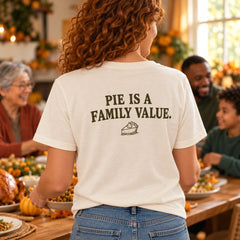 Custom Thanksgiving Pie Family Outline Embroidered T-Shirt with Back Print - Holiday Gift back worn product image with custom printed phrase with custom left chest embroidery based on three-generation family passing a homemade pie