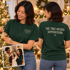 Custom Christmas Tree Star Family Outline Embroidered T-Shirt with Back Print - Holiday Gift front and back product overview image showing embroidery and custom printed phrase with custom left chest embroidery based on three family members passing a star at the Christmas tree