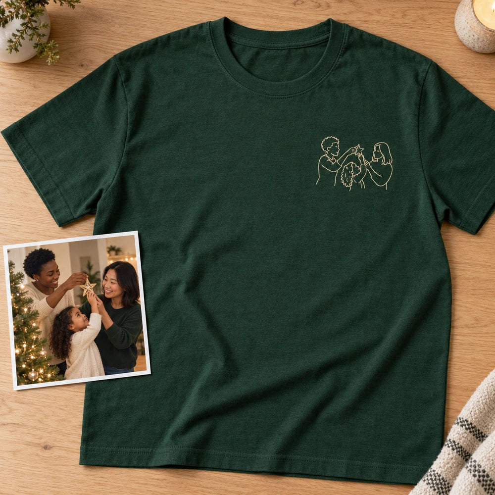 Custom Christmas Tree Star Family Outline Embroidered T-Shirt with Back Print - Holiday Gift source photo and front embroidery product image with custom left chest embroidery based on three family members passing a star at the Christmas tree