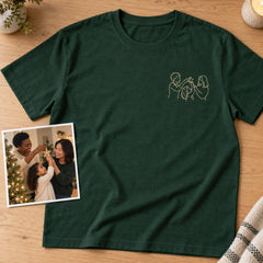 Custom Christmas Tree Star Family Outline Embroidered T-Shirt with Back Print - Holiday Gift source photo and front embroidery product image with custom left chest embroidery based on three family members passing a star at the Christmas tree