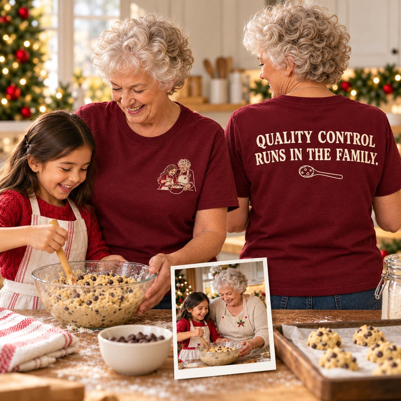 Custom Grandma Cookie Baking Outline Embroidered T-Shirt with Back Print - Christmas Gift front and back product overview image showing embroidery and custom printed phrase with custom left chest embroidery based on grandmother and granddaughter mixing Christmas cookies