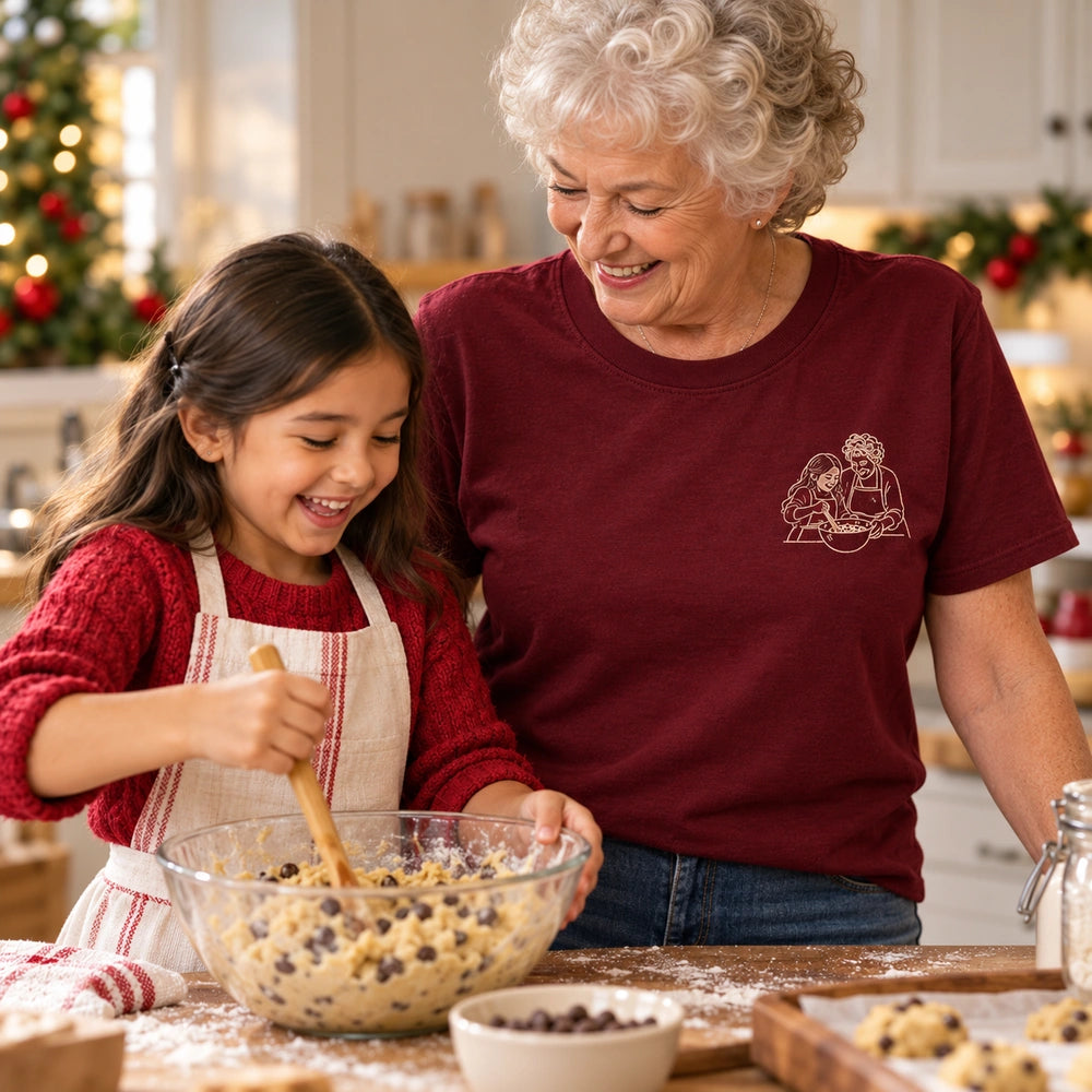 Custom Grandma Cookie Baking Outline Embroidered T-Shirt with Back Print - Christmas Gift front worn product image with left chest embroidery with custom left chest embroidery based on grandmother and granddaughter mixing Christmas cookies