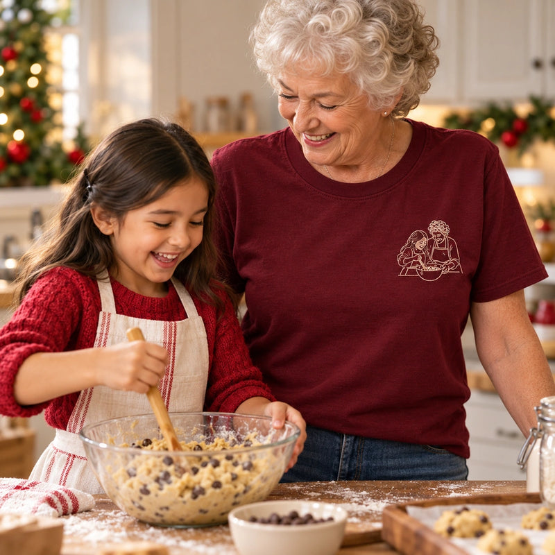 Custom Grandma Cookie Baking Outline Embroidered T-Shirt with Back Print - Christmas Gift front worn product image with left chest embroidery with custom left chest embroidery based on grandmother and granddaughter mixing Christmas cookies