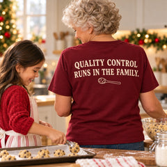 Custom Grandma Cookie Baking Outline Embroidered T-Shirt with Back Print - Christmas Gift back worn product image with custom printed phrase with custom left chest embroidery based on grandmother and granddaughter mixing Christmas cookies