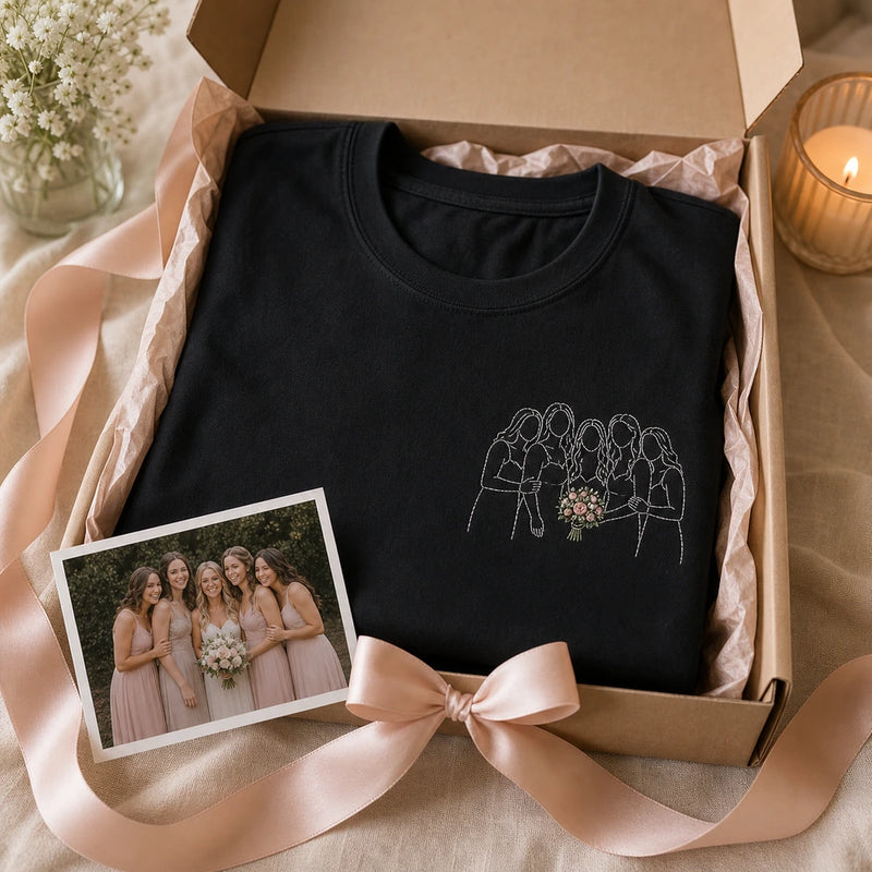 Custom bridesmaid wedding party embroidered T-shirt gift-ready presentation