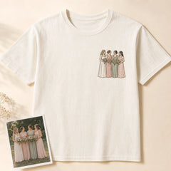Custom Bridesmaid Wedding Party Photo Embroidered T-Shirt - Personalized Bridesmaid Gift main product image with custom left chest embroidery based on bridesmaid wedding party group photo
